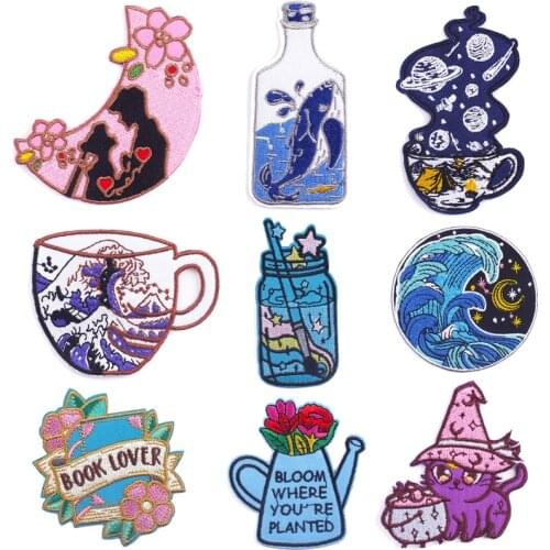 Nicediy Waves/Whale Patch Iron On Patches On Clothes Stripe Sticker Embroidered Patches For Clothing Applique Jacket Patch Diy