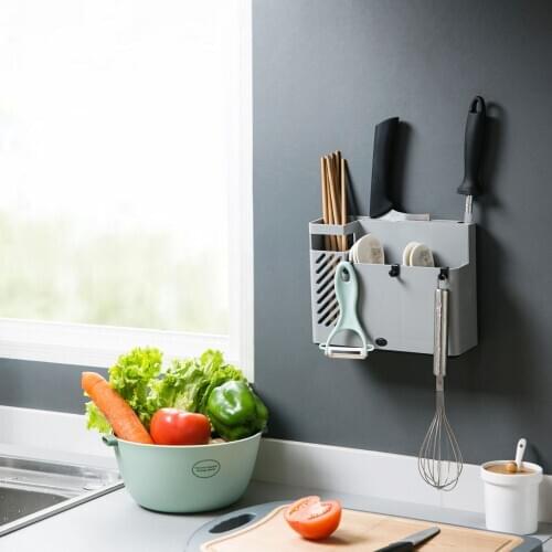 Wall Mounted Chopsticks Basket Combination Knife Holder With Hooks Cutlery Storage Rack Kitchen Organizer