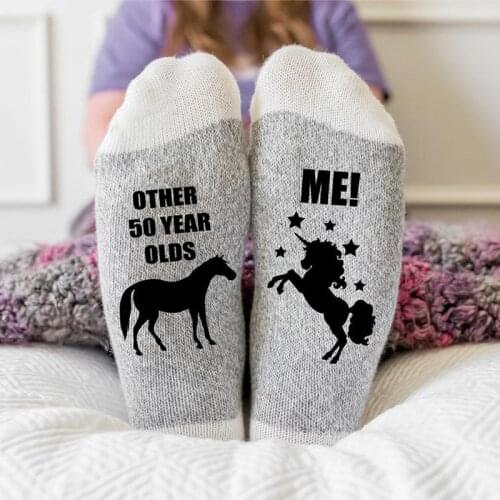 Funny women Friend sister mom colleague unicorn 50th Fifty 50 year old Birthday party Mothers Day decoration Gift Present socks