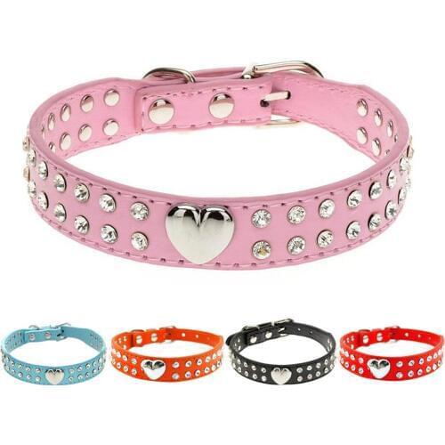 2 Rows Bling Rhinestone Puppy Dog Collar Pink Color Cat Necklace Bling Heart Studded For chihuahua Small to Medium Dogs