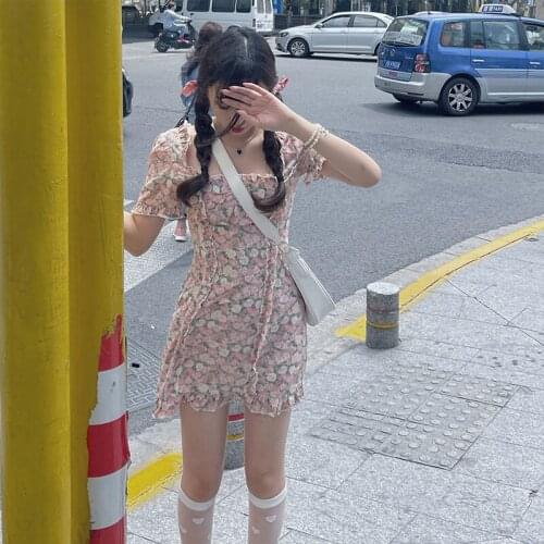 Japanese Kawaii Floral Dress 2021 Summer New Slim Ruffle Waist Gentle Lolita Dresses Soft Girl Cute Square Collar Princess Dress