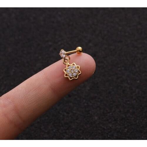 Simple Cute Small Micro Pave CZ Sunflower Pendant Ear Cartilage Clip Cuff Gold Color Stainless Steel Bar Ear Stud Jewelry