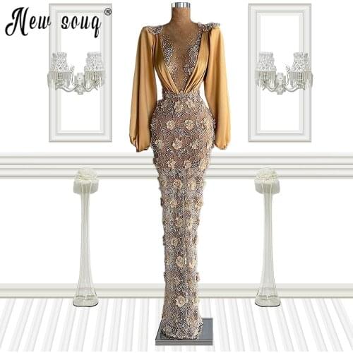 Long Sleeve Prom Dresses Champagne Beading Formal Party Elegant Mermaid Gown Arabic Aso Ebi Muslim Evening Dresses 2021 Custom