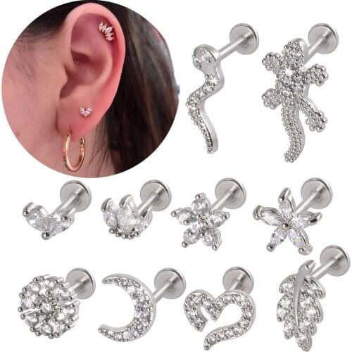 1PC Tiatanium Bar Flat Base Earring Labret Tragus Cartilage Helix Heart Crown Flower Moon Zircon Ear Studs Body Piercing Jewelry