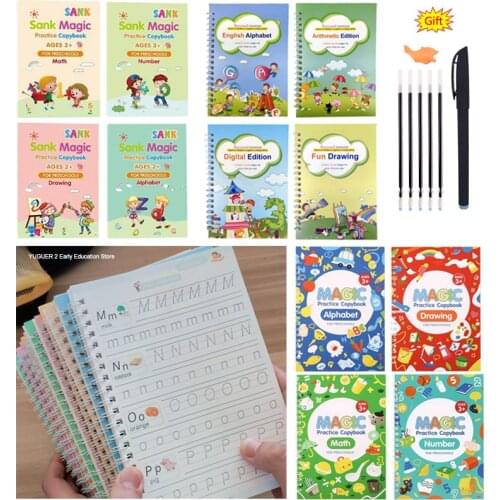 4 Books/Sets of Magic Exercise Book, Reusable Children’s Toys To Write English Numbers and Letters Montessori 3D Calligraphy