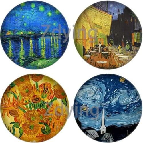 Zdying Classic Van Gogh Oil Painting Sunflower Starry Sky Print Round Glass Cabochon & Glass Dome DIY Pendant Jewelry Findings
