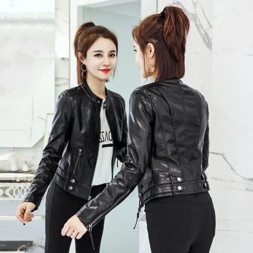 Women Faux Leather Jacket Coat for Women Short Leather Jacket Stand Collar Autumn and Winter Leather Coat Veste Femme
