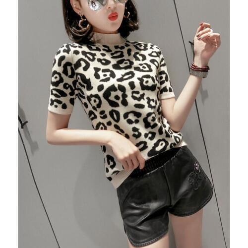 Knitting Sweater Womens Short High Collar Fashion Leopard Sweater pullover Spring Autumn Short-Sleeved Shirt top Ladies Sweater