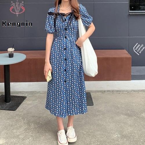 French Style Sexy V-Neck Women Summer Dress Oversized Print Bow Lady Dress 2021 New Short Puff Sleeve Design Dress KE1337
