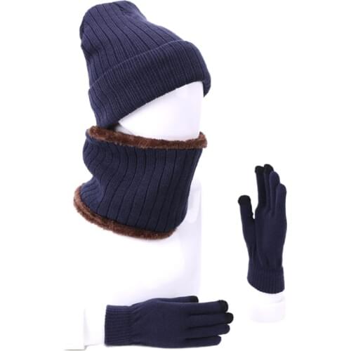 Unisex 3Pcs Winter Plush Lined Beanie Hat Circle Scarf Touchscreen Gloves Set New 2021