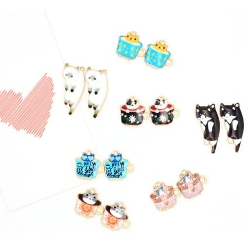 10pcs/Lot Drinking Cup Cat Diy Handmade Oil Enamel Charms Design for Jewelry Making Earring Bracelet or Necklace