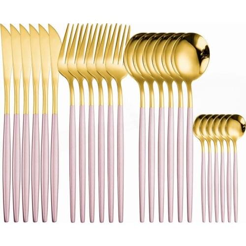 24pcs Tableware Stainless Steel Cutlery Set Pink Gold Dinnerware Set Tableware Spoon Fork Knife Dinner Set Kitchen Flatware