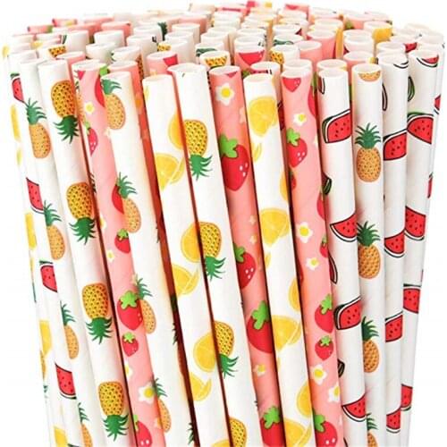 300pcs/lot Paper Straws Fruit Pattern Decorative Summer Party Drinking Straws for Hawaiian Birthday Wedding Party Decorations