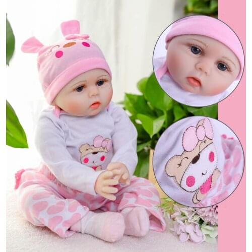 55 Cm 22 Inch Reborn Dolls Soft Vinyl Silicone Cloth Body Cute Hand-Painted Making Pink Tender Bear Set Children Toy Gift