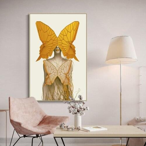 Abstract Figure Girl With Yellow Butterfly Canvas Painting Art Wall Picture For Living Room Fashion Home Decor Posters And Print