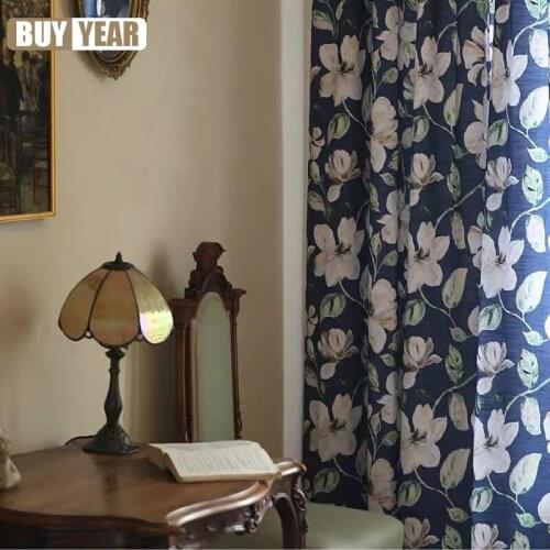American Curtains for Living Dining Room Bedroom Retro Blue Big Flower Navy Pastoral Imitation Cotton and Linen Curtains
