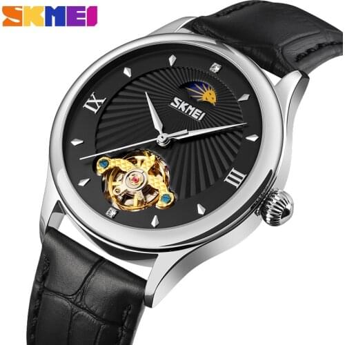 SKMEI Top Brand Watch Men Mechanical Wristwatch New Mens Automatic Watches Fashion Luxury Cacual Leather Waterproof Moon Phase