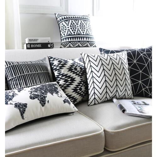 Black And White Cushion Covers Geometric Triangles Stripe World Map Pillow Cover Decorative Velvet Pillow Case For Sofa Seat
