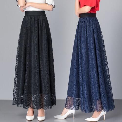 Summer Spring Autumn Lace Elastic High Waist Long Skirt A-line Skirt Black Red Skirt Party Plus Size mujer faldas 2020