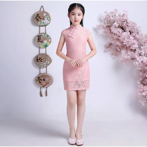 Summer Lovely Girls Short Sleeve Lace cheongsam Dress Cute Princess Girls Embroidery Dresses Kids Party Evening Wedding Dress