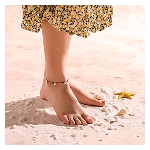 Anklet Bracelet Foot Chain with Beads Daisy Flower Fashion Adjustable Foot Jewelry for Women and Girls Beach Accessories Gift