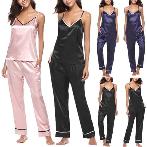 New Trendy 2PCS Women Lady Silk Satin Pajamas Set Loungewear Homewear Sleeveless Top Pant Sleepwear Nightwear
