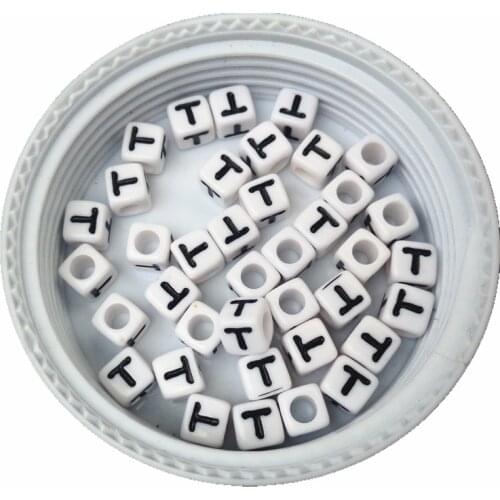 New arrival 100pcs/lot 7*7mm square letter beads white with black single nitial T printing acrylic alphabet jewelry beads