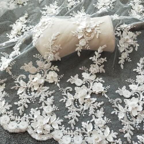 Off White Gold Handmade beaded 3D chiffon flower lace fabric for wedding dresses