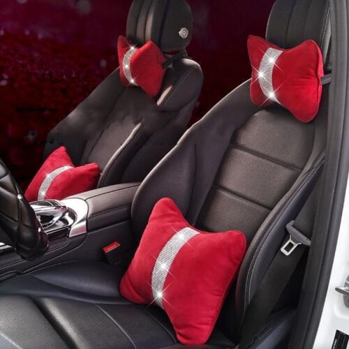 Crystal Rhinestone Car Seat Headrest Pillow Plush Fur Auto Safety Neck Waist Rest Supports Pillows For Girls Accessories Red
