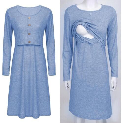Pregnant Women Casual Breastfeeding Nursing Dress Long Sleeve Solid Loose Pregnancy Ruched Summer Maternity Dresses