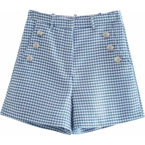 DOUJILI Women Summer Blue Plaid Shorts High Waist Pocket Fashion Ladies Office Short Pants