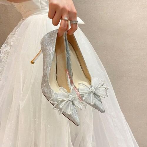 Sweet Low Heel Pumps 4CM Womens New Pointed Fairy Bowtie Diamond Thin Heel Shoes High Heel Wedding Shoes