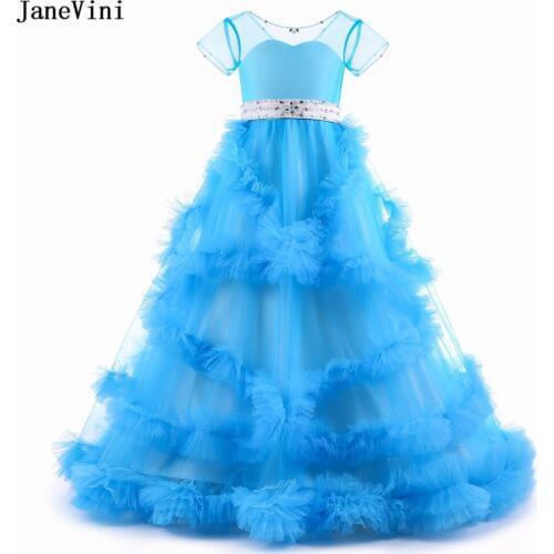 JaneVini Gorgeous Blue Tulle Flower Girl Dresses Cloud Ball Gown Short Sleeves Ribbon Sashes Beaded Girls Evening Pageant Gowns