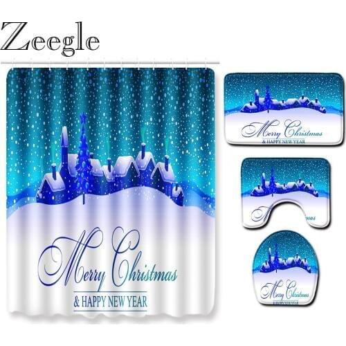Waterproof Bathroom Decoration Shower Curtain Christmas Bath Curtain Anti-slip Shower Rug Toilet Cover Seat Mat Bathroom Carpet