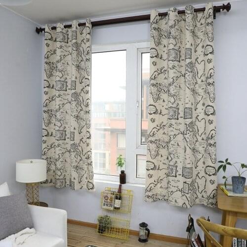 American Country Modern Map Print Partition Curtain Thickened Cotton Linen Semi-shading Fabric Grommet Top Processing