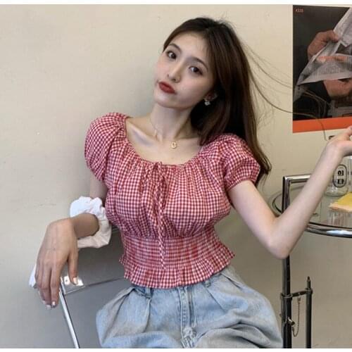 Women Blouse Puff Sleeve Plaid 2021 Summer Shirt Short Sleeve Top For Women Blusas Mujer De Moda