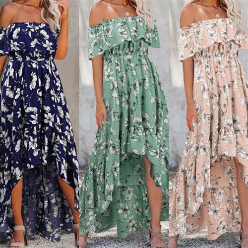 Women Dresses Summer 2021 Sexy Slash Neck Floral Print Irregular hem Boho Beach Dress Short Sleeve Plus Size Dress Sundress Robe