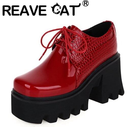 REAVE CAT 2021 Summer Ladies Sexy Patchwork Platform High Thick Sole Chunky 8cm Lace Up Square Toe Punk Size 35-44 Silver A4159