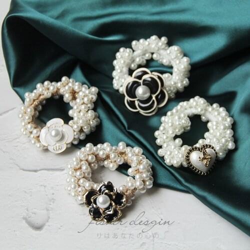 Women Hair Ties Scrunchies Bands Adult Black White Camellia Flower Pearl Fashion Girl Korean Accessories Handmade Wholesale