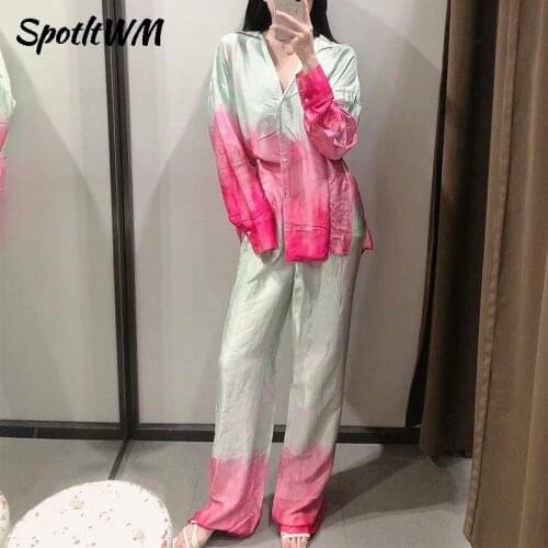 SpotLtWM Tie dye Pant Sets 2021 Women Long Sleeve Loose Shirt High Waist Wide Leg Pants 2 Piece Set Mujer Elegant Outwear Pink