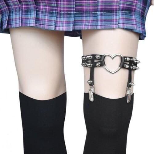 Rock Sexy Leather Heart Rivets Belt Elastic Leg Girl Women Harness Goth Accessories Black Gothic Rivet Punk Anklet Thigh Garter