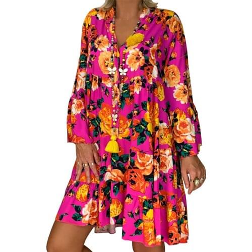 Womens Fashion Print V-neck Button Ruffle Loose Dress Woman Summer Hoilday Floral Dress