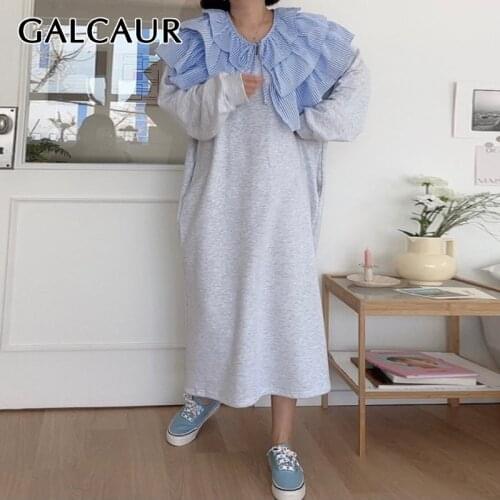 GALCAUR Korean Fashion Patchwork Ruffle Trim Summer Dress For Women Round Collar Long Sleeve Loose Mid Female Dresses New Style