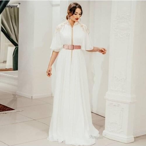 Elegant Women White Formal Dress Evening Gowns with Sleeve A-Line Chiffon Beaded Prom Dresses Long Floor Length Robes De Mariage
