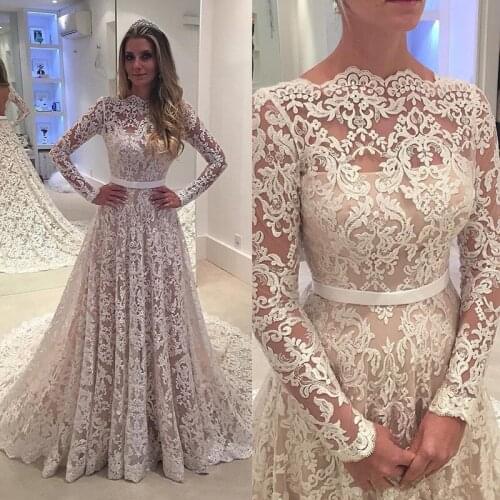 Robe De Soiree Long Sleeves Lace Gown Arabic Lace Sheer Scoop Neck Backless Wedding Party Dress with Belt Custom Made