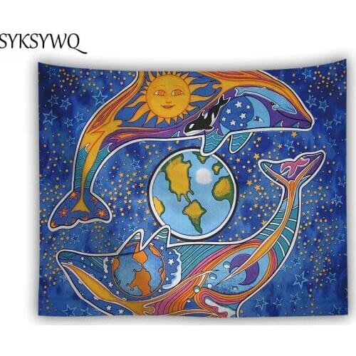 Star psychedelic tapestry wall hanging drop shipping 3d dolphin map space tapestry mandala blanket