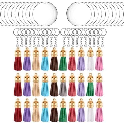 120 Pcs Acrylic Circle Blanks Keychain Tassels Set Transparent Acrylic Disc Key Rings 30 Pcs Tassel for Craft Vinyl DIY