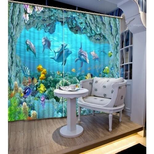 3D curtains Photo Customize size 3D vintage bedroom curtains ocean dolphin curtains living room window Blackout Shade Window