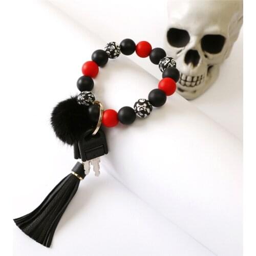 Halloween Keychain Charms Skull Silicone Beads Car Keychain for Men Women Hairball Tassel Keyring For Keys Accessories Gift 2021