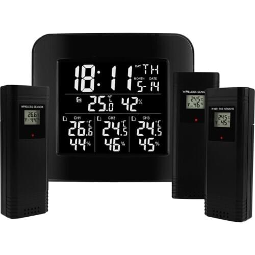 Digital Wireless Weather Station Indoor Outdoor Temperature & Humidity Hygrometer w/ 3 Sensors Alarm Clock Function LED Light